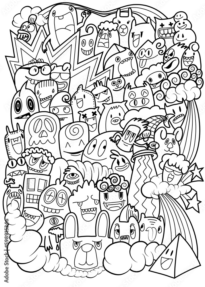 Hand-drawn illustrations, monsters doodle, Hand Drawn cartoon monster illustration,Cartoon crowd doodle hand-drawn Doodle style.black and white stripes coloring  book.