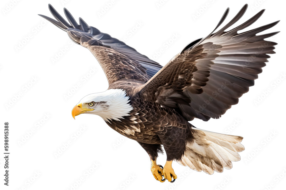 Bald eagle flying isolated on white, transparent background, PNG, generative ai Bald eagle flying isolated on white, transparent background, PNG, generative ai