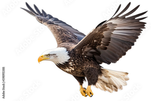 Bald eagle flying isolated on white, transparent background, PNG, generative ai photo
