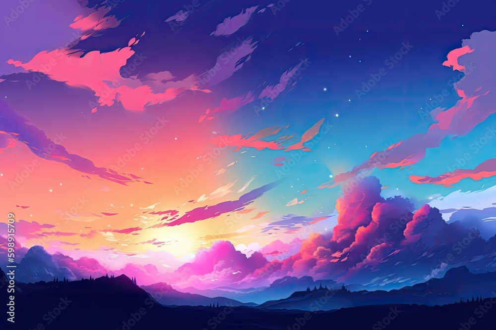 Naklejka premium Anime cartoon neon game background, app gaming background sky with clouds and bright cyberpunk colours, colourful bg background wallpaper