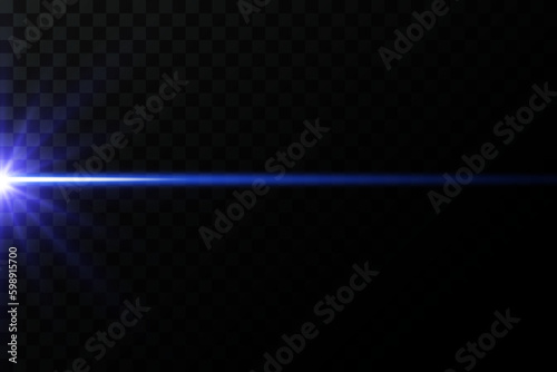Blue neon line, star burst, flare. Blurred lens light effect on black background.