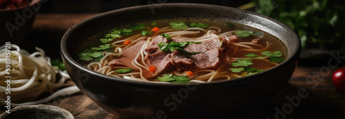 Beef Pho On Stone Rustic Pub Wide Panoramic. Generative AI photo