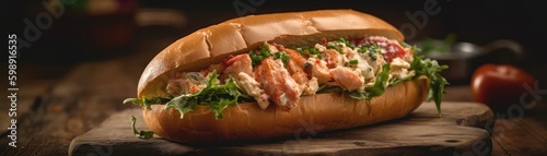 Lobster Roll On Stone Rustic Pub Wide Panoramic. Generative AI