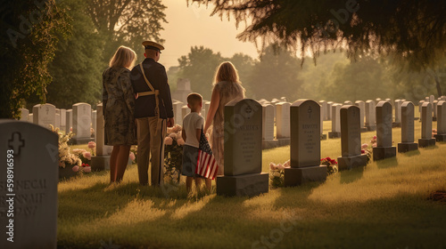 Canvas Print Familia paying their respects at a cemetery on Memorial Day