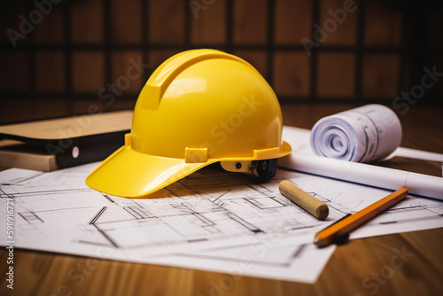 Yellow hard safety helmet hat and architectural blueprints and blueprint rolls and pencils pen, ruler, protractor, and tape measure on the table at the construction site with Generative AI technology.