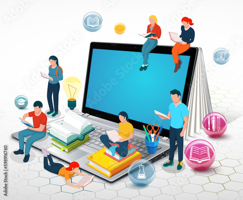 Vector illustration of people reading books while sitting on a laptop. Use as a landing page for online education courses, tutorials, and lectures. 
