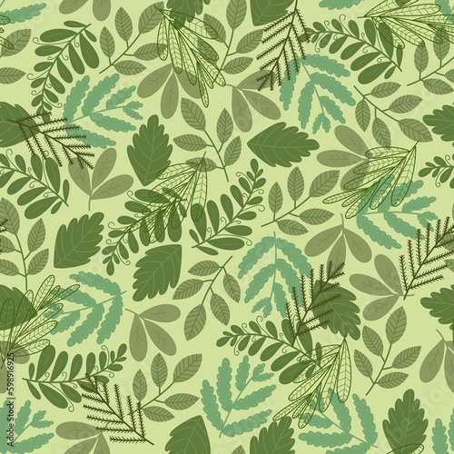 Herbal seamless pattern. Brunches and leaves silhouettes on green background. Spring leafy all over print