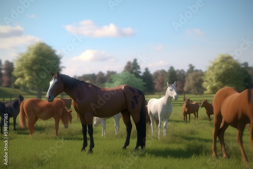 A detailed illustration of a group of domesticated animals, such as horses or cows, in a pastoral setting, Generative AI