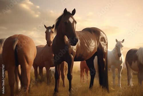 A detailed illustration of a group of domesticated animals, such as horses or cows, in a pastoral setting, Generative AI © Nino39