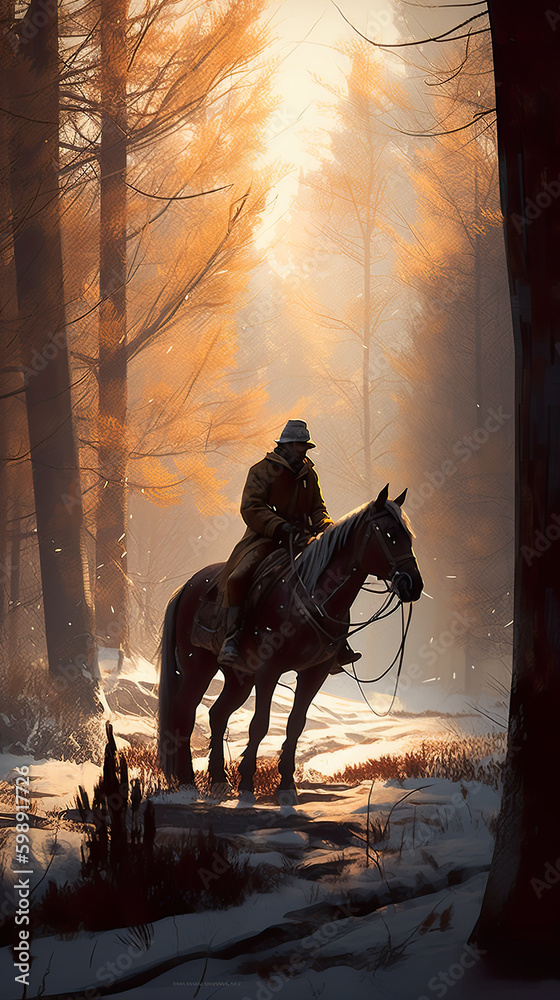 Fototapeta premium A man riding on the back of a horse through a forest. AI generative.