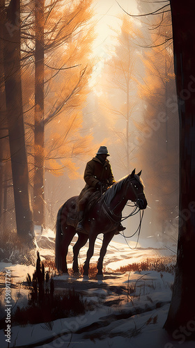 A man riding on the back of a horse through a forest. AI generative.