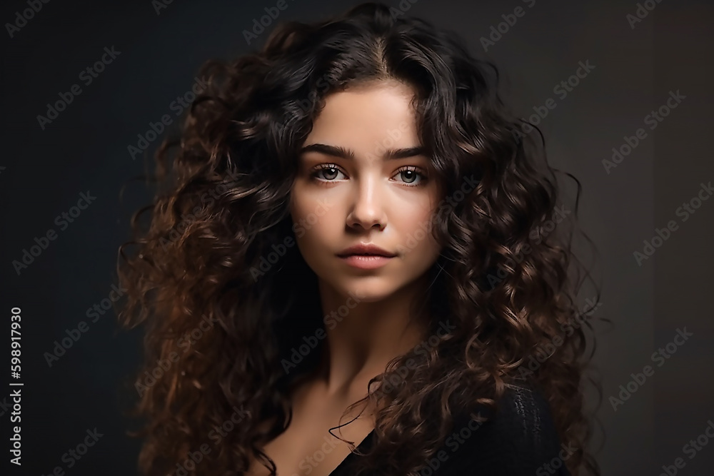 Brunette with long and shiny curly hair. Beautiful model woman with wavy hairstyle, generative AI tools 

 