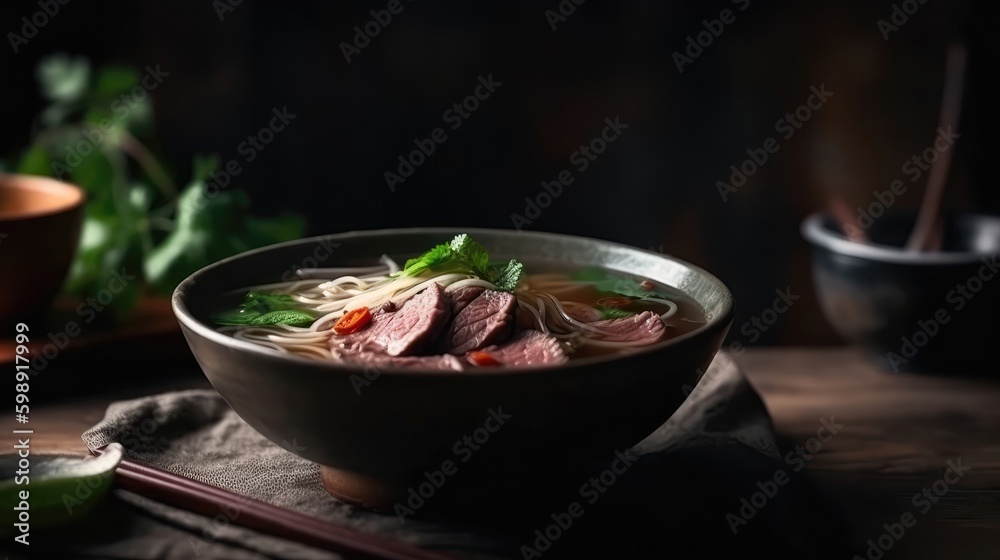 Macro Photo Beef Pho On Stone Rustic Pub. Generative AI