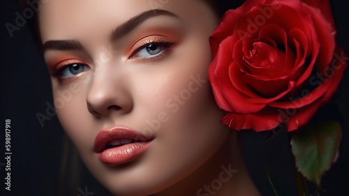 Beautiful model with a rose  Perfect makeup  close up  Nice smile  generative AI 