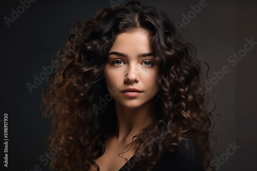 Brunette with long and shiny curly hair. Beautiful model woman with wavy hairstyle, generative AI tools