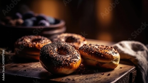 Macro Photo Bagels On Stone Rustic Pub. Generative AI