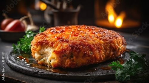 Macro Photo Chicken Kyiv Chicken Cutlet With Butter Filling On Stone Rustic Pub Ukrainian Dishes. Generative AI photo