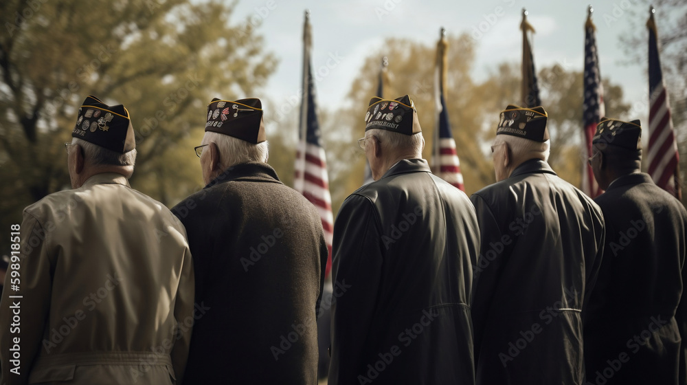 Photo of gerra veterans paying tribute to fallen soldiers on Memorial Day, standing in front of U.S. flags. . Generative AI - obrazy, fototapety, plakaty 