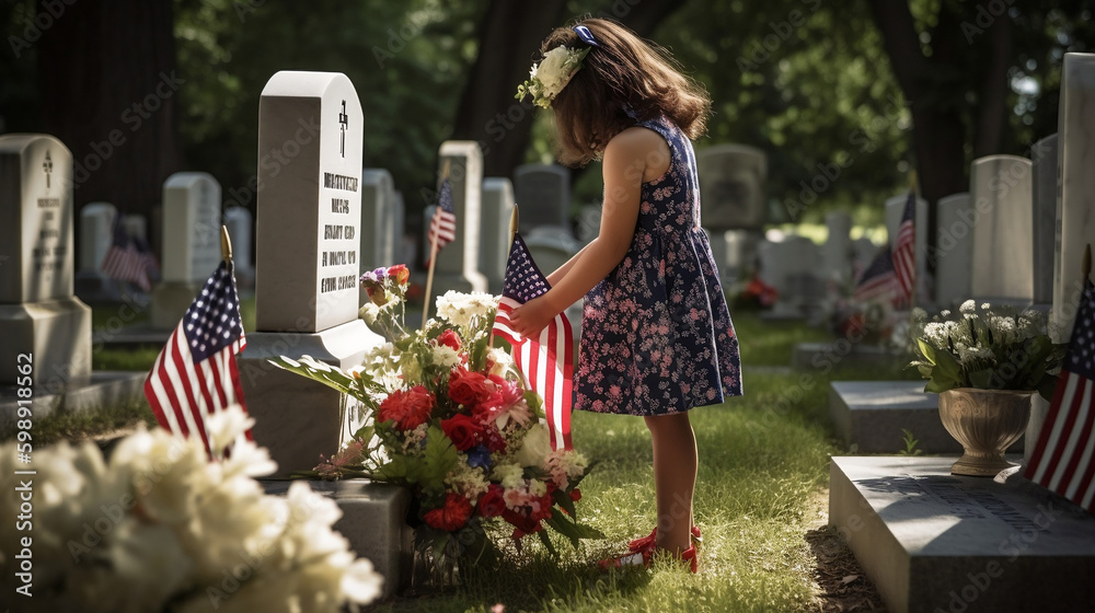 Remembering a Heroic Father: Young Girl Pays Respects at Military Cemetery . Generative AI - obrazy, fototapety, plakaty 