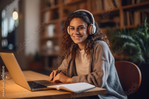 Happy young woman using laptop sitting at desk writing notes while watching webinar, studying online, looking at pc screen learning web classes or having virtual call meeting remote working from home.