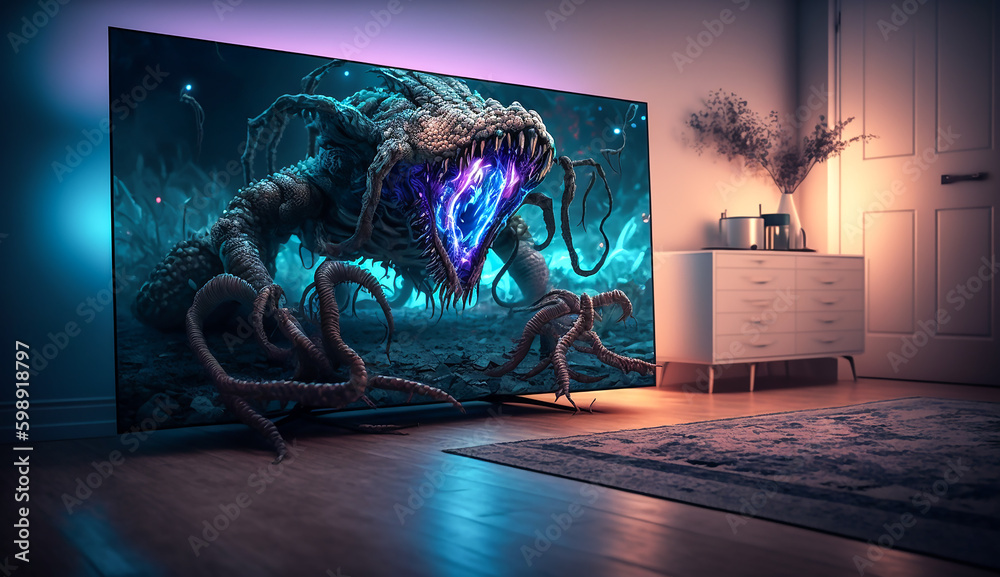 Ein Monster kommt aus einem Videospiel heraus KI - obrazy, fototapety, plakaty 