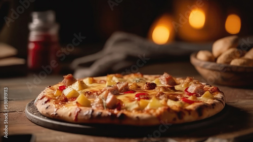 Macro Photo Hawaiian Pizza On Stone Rustic Pub. Generative AI