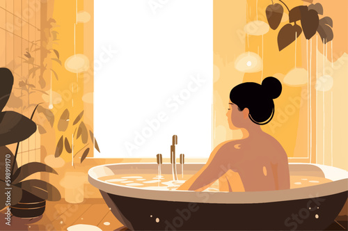 Nude woman in a luxurious bathtub, summer light, romantic spa atmosphere. Generative AI technology.