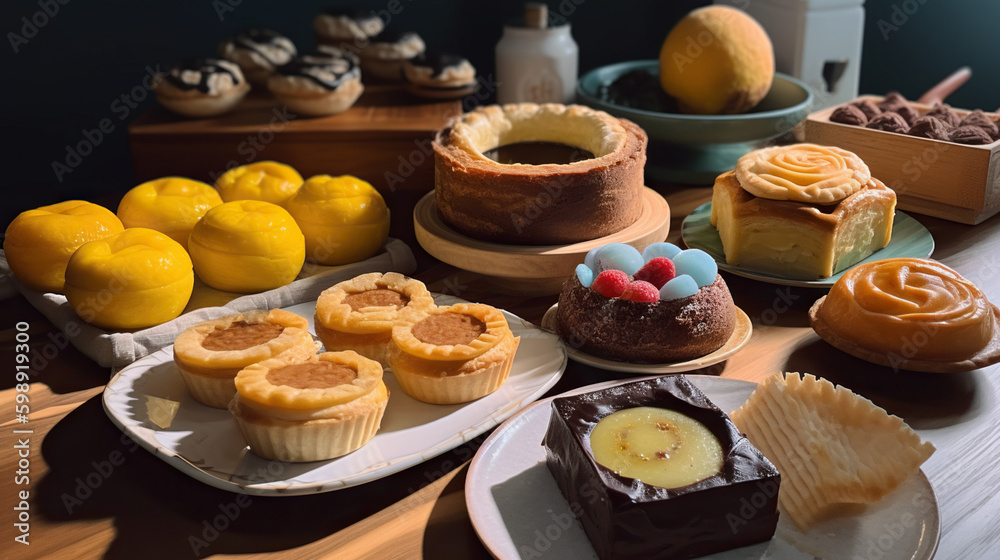 Many Different Sugary Pastries Displayed on Table Generative AI Photo Many Different Sugary Pastries Displayed on Table Generative AI Photo