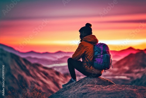 Minimalistic Person Sitting on Rock, Small Backpack, Contemplative Solitude, Simple Beauty, Outdoor Adventure, Generative AI