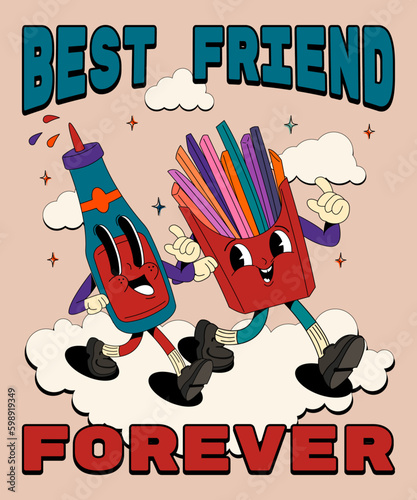 Best friend forever. Psychedelic, groovy retro cartoon ketchup, fries character. Funny faces with vibrant colors. Crazy vector illustration.
