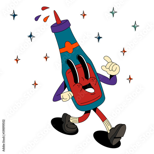 Psychedelic, groovy retro cartoon ketchup character. Funny faces with vibrant colors. Flowing texture. Crazy vector illustration.
