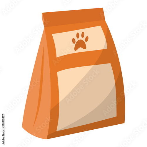 Food in a bag for cats and dogs. Vector color isolated illustration in cartoon style.