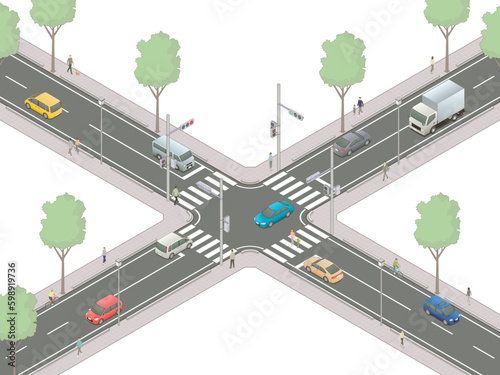 アイソメトリック図法で描いた自動車と歩行者が行き交う信号交差点のイメージA / Japanese intersection. Isometric illustration