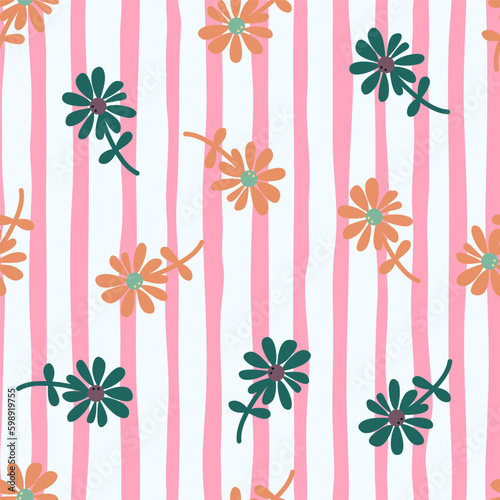 Chamomile flower seamless pattern in naive art style. Cute little daisy floral ornament wallpaper.