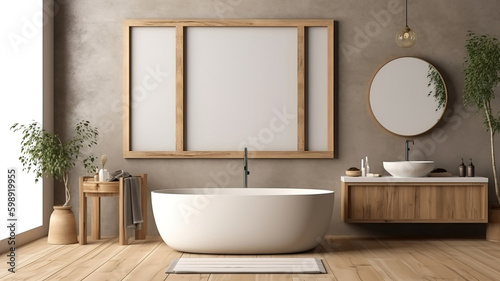Frame mockup in rustic villa bathroom interior background, 3d render. Generative Ai