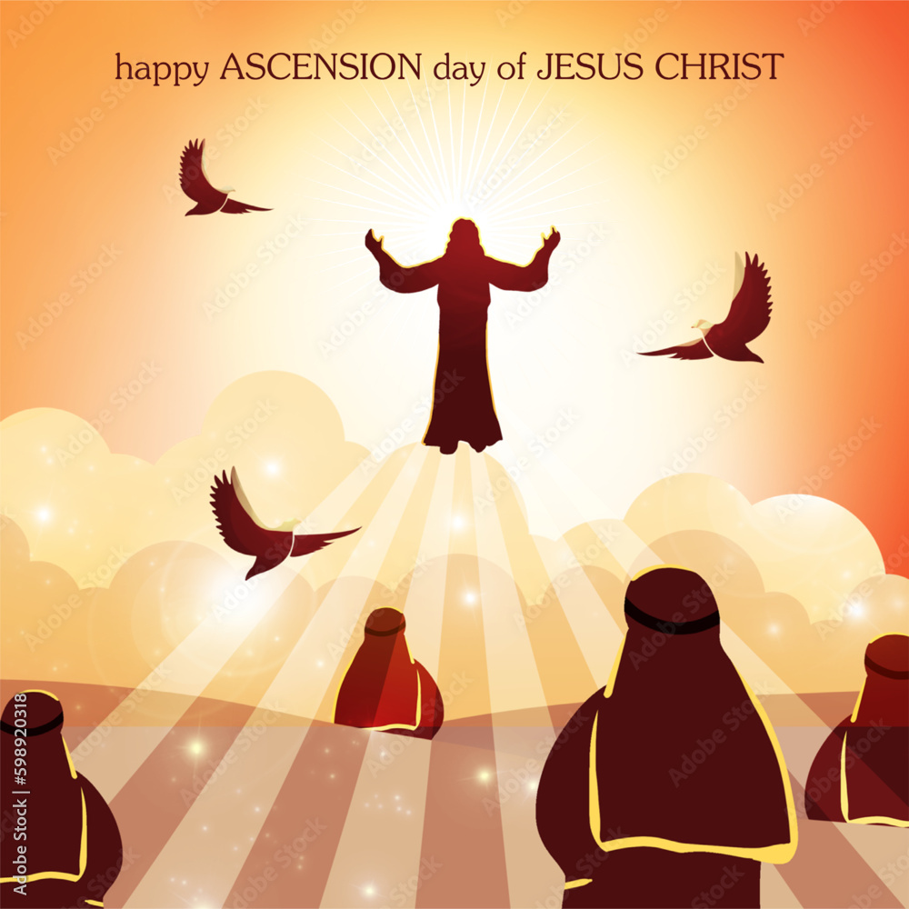 An illustration of the ascension day of Jesus Christ. Vector illustration. - obrazy, fototapety, plakaty 