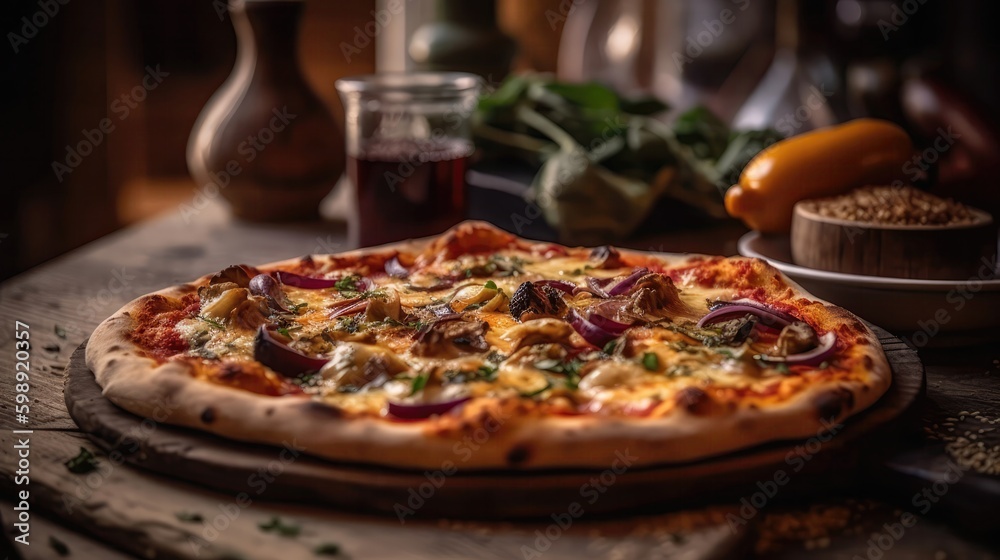 Macro Photo Pizza On Stone Rustic Pub. Generative AI