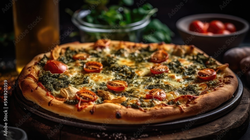 Macro Photo Pesto Pizza On Stone Rustic Pub. Generative AI