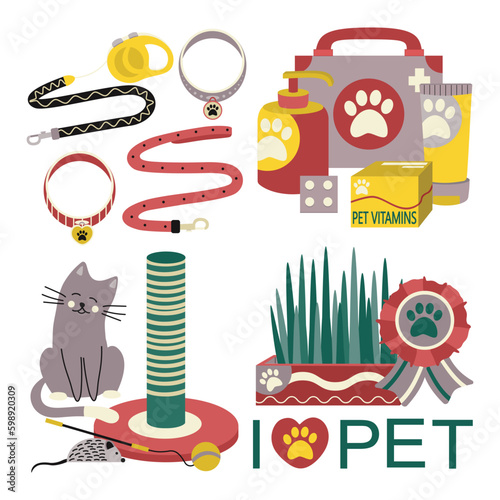 Set of elements for animals, cats, dogs. Pet care.
