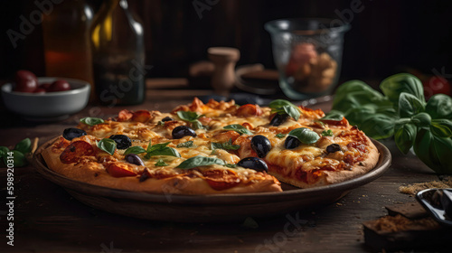 Macro Photo Mediterranean Pizza On Stone Rustic Pub. Generative AI