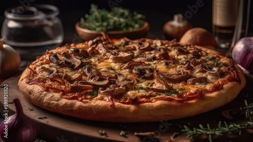 Macro Photo Mushroom And Onion Pizza On Stone Rustic Pub. Generative AI