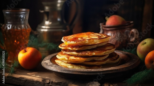 Macro Photo Mlyntsi Ukrainian Pancakes On Stone Rustic Pub Ukrainian Dishes. Generative AI