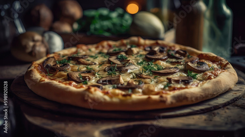 Macro Photo Mushroom And Onion Pizza On Stone Rustic Pub. Generative AI