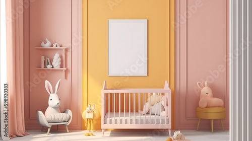 Cute scandinavian kids room with blue canopy. Generative Ai