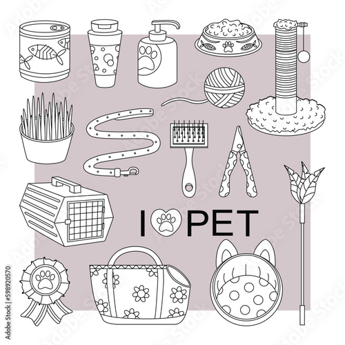 Set of elements for animals, cats, dogs. Pet care. Line art.