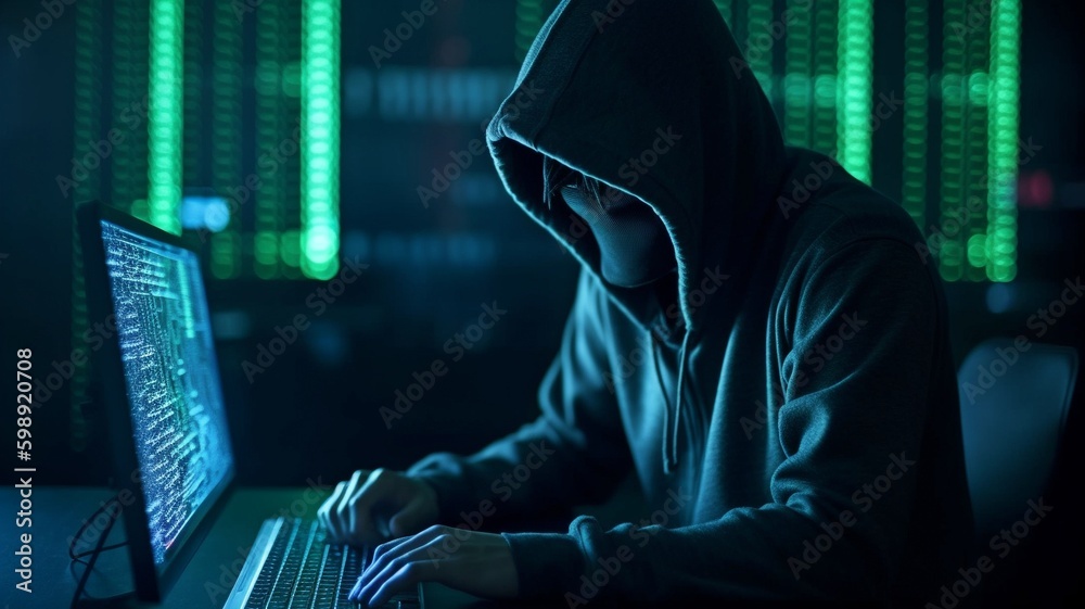 In the concept of data internet security hacking, a hacker man terrorist uses a computer virus to attack a server network system online. The Generative AI In the concept of data internet security hacking, a hacker man terrorist uses a computer virus to attack a server network system online. The Generative AI