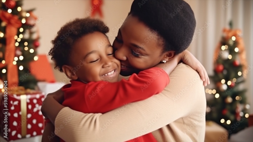Happy African American family enjoying the holiday: mother cuddling lovely boy child as they congratulate one another on gifts received for Christmas. The Generative AI Happy African American family enjoying the holiday: mother cuddling lovely boy child as they congratulate one another on gifts received for Christmas. The Generative AI