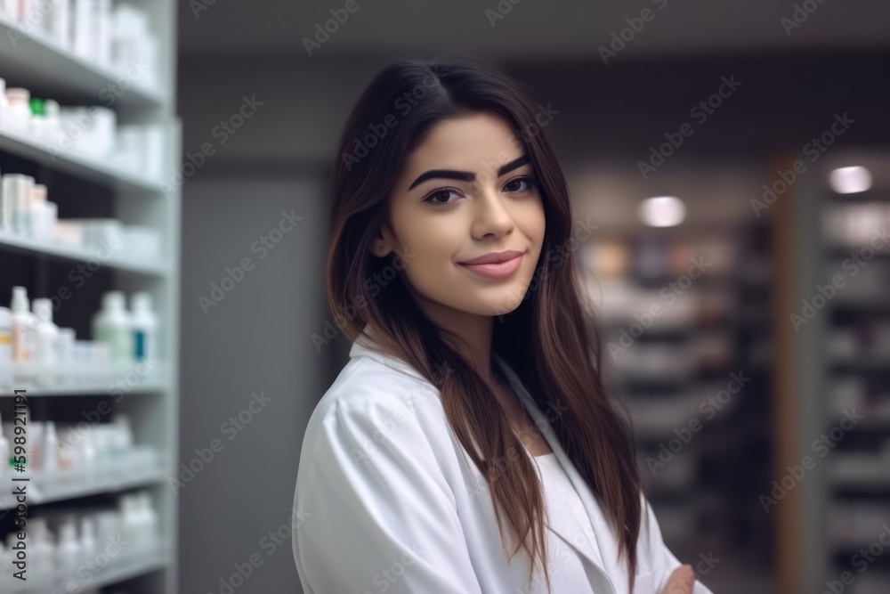 Portrait of a beautiful young woman pharmacist in a drugstore, Generative AI