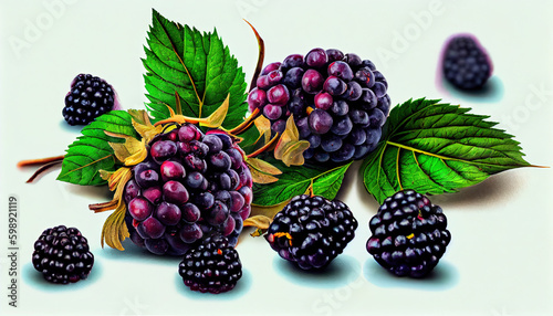Bunch of Fresh Boysenberry Fruit on White Background AI Generative