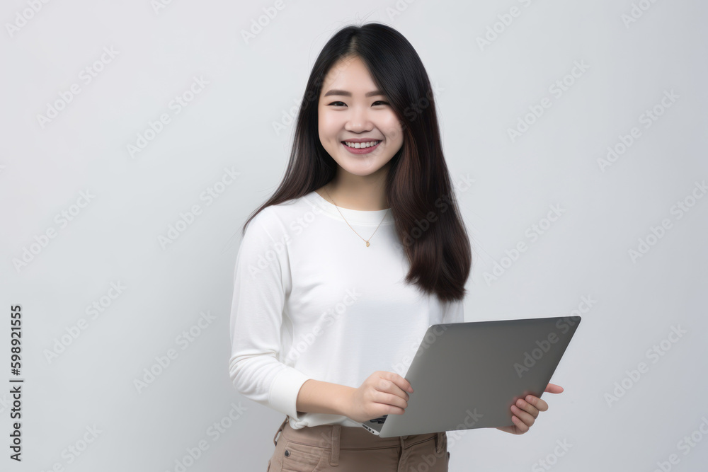 Portrait of a beautiful asian woman using laptop computer on white background, Generative AI Portrait of a beautiful asian woman using laptop computer on white background, Generative AI